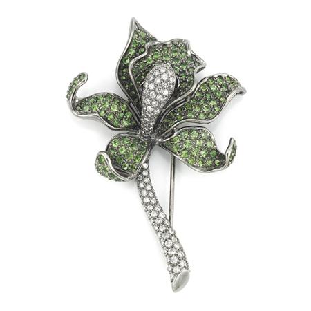 Appraisal: Blackened Gold Green Garnet and Diamond Flower Brooch Estimate -