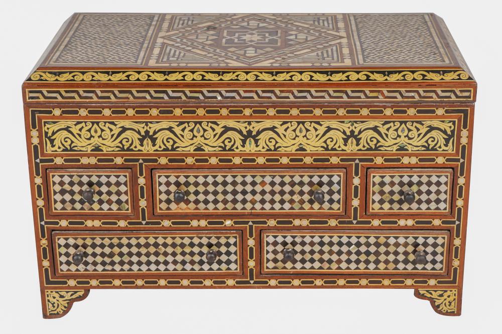 Appraisal: LEVANTINE STYLE INLAID CABINET BOXwith hinged top and five drawers