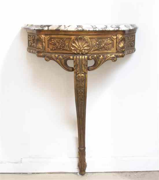 Appraisal: An Italian Giltwood Console Table having a serpentine marble top