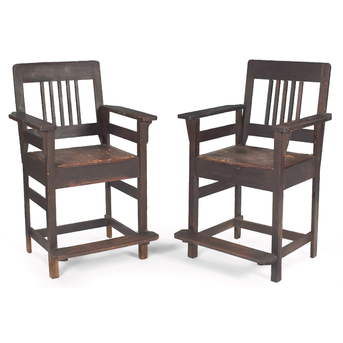 Appraisal: Arts and Crafts billiard chairs pair five vertical spindles at