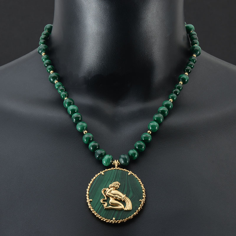 Appraisal: MALACHITE K PENDANT W MALACHITE BEAD NECKLACE Malachite pendant framed