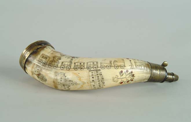 Appraisal: FINE BRASS AND SCRIMSHAW DECORATED POWDER HORN th Century Decorations