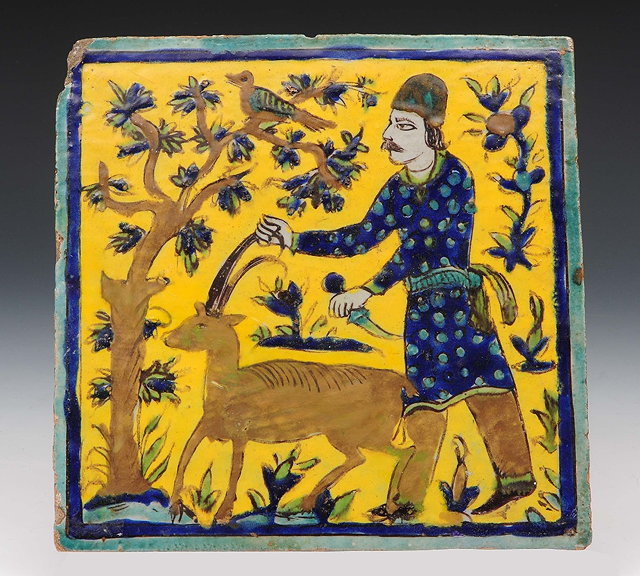 Appraisal: A Qajar yellow ground tilecirca with huntsman and stag cm