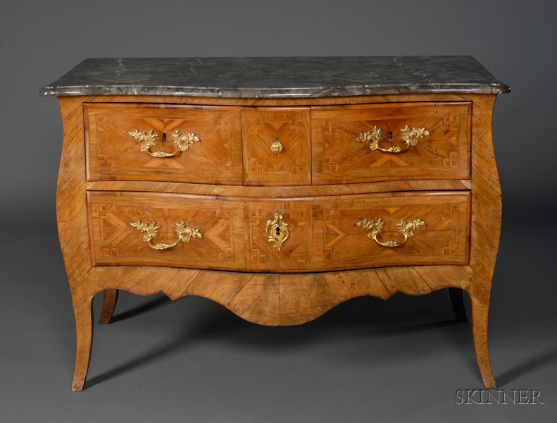 Appraisal: Louis XV Tulipwood Parquetry and Marble-topped Four Drawer Commode third