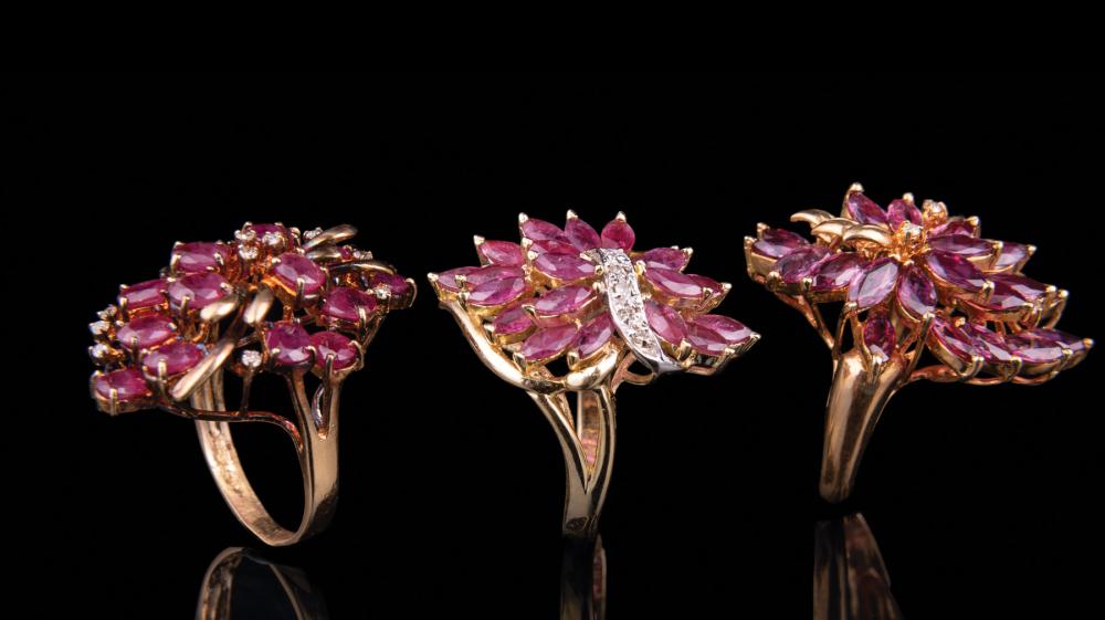 Appraisal: Three kt Yellow Gold Ruby and Diamond Cluster Rings Please