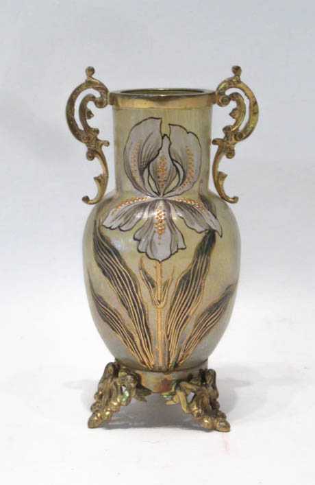 Appraisal: ATTRIBUTED MOUNT JOYE ART GLASS VASE hand enameled iris motif