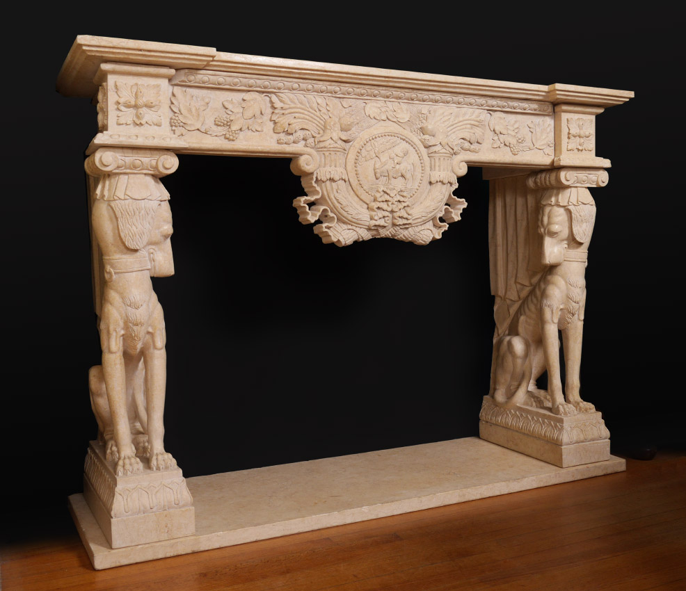 Appraisal: FIGURAL DOG EGYPTIAN REVIVAL MARBLE FIREPLACE SURROUND Cream colored with