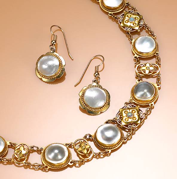 Appraisal: A set of cultured pearl opal k and k gold