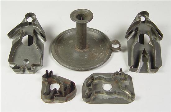 Appraisal: Four Tin Cookie Cutters Tin Chamber Stick Late 's Male