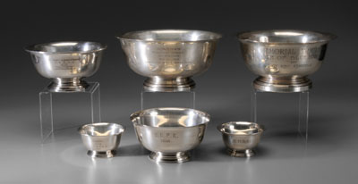 Appraisal: Six Sterling Dog Trophies American th century Revere style bowls