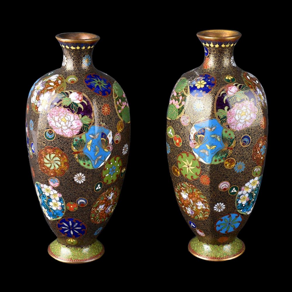 Appraisal: Japanese Cloisonne Vases Pair of Antique Japanese Cloisonne Enamel Hexagonal