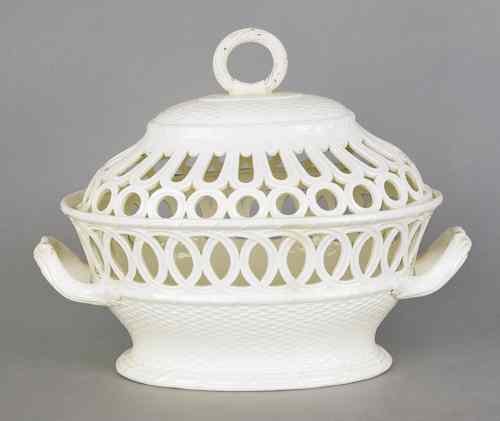 Appraisal: Elijah Mayer creamware reticulated basket with cover ca h w