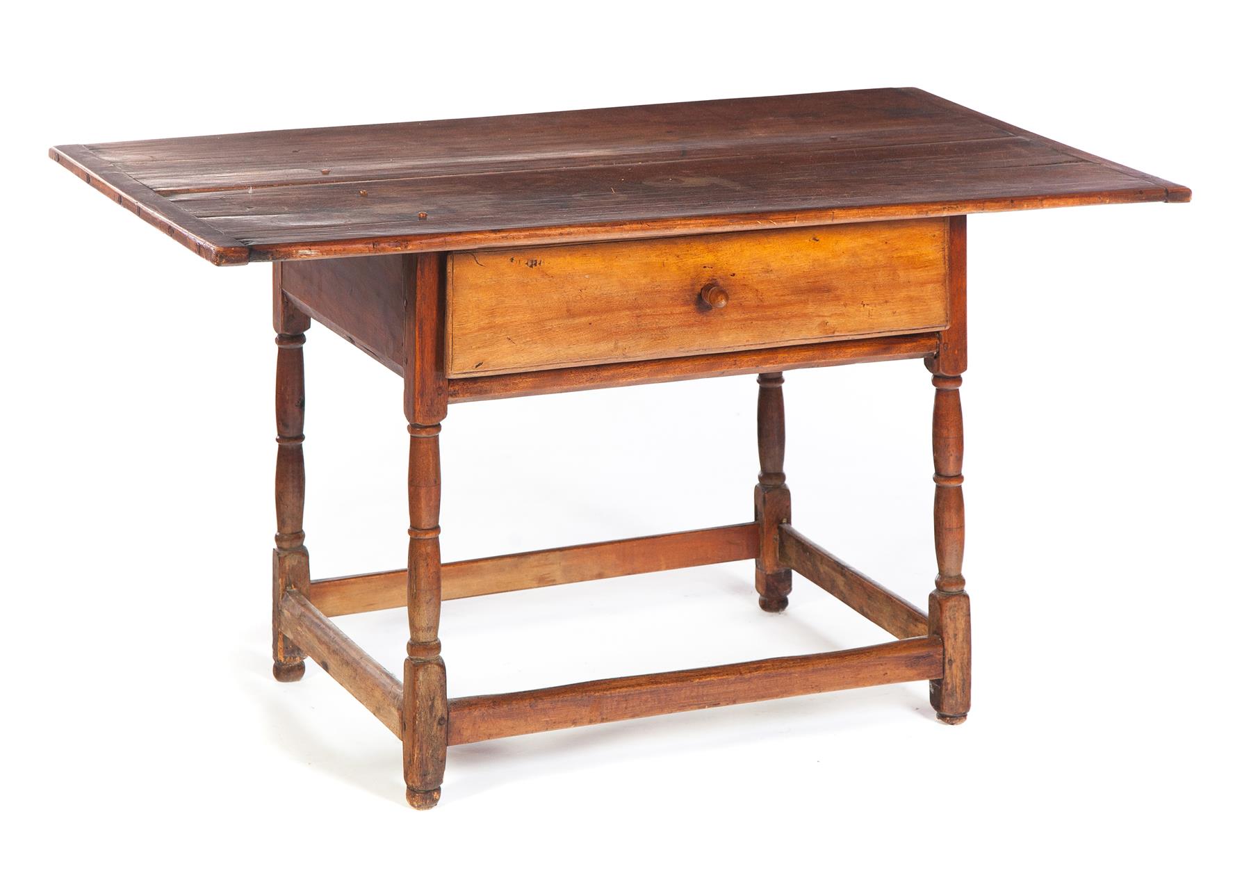 Appraisal: AMERICAN WORK TABLE Early th century pine Stretcher base table