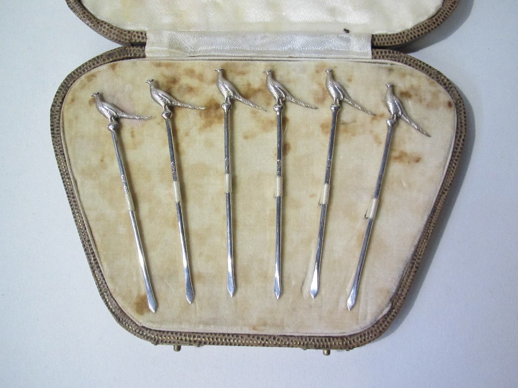 Appraisal: Cased set of six silver cocktail sticks with peacock finials