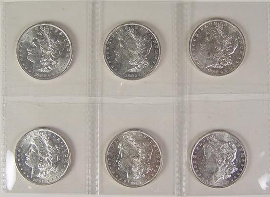 Appraisal: Six -O Morgan Dollars Grades are AU and uncirculated Coins