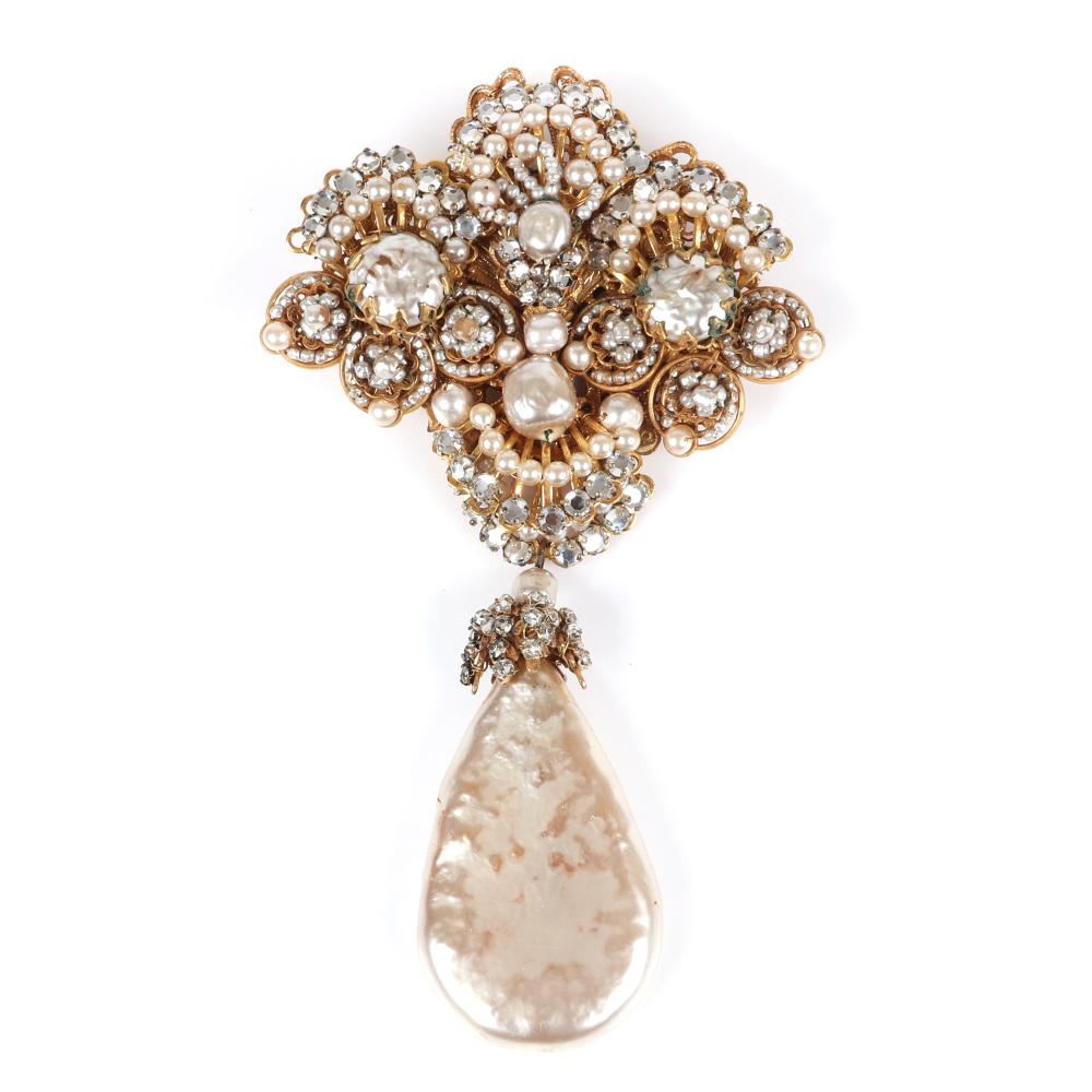 Appraisal: MIRIAM HASKELL LARGE DIAMANTE BAROQUE AND SEED PEARL PIN WITH