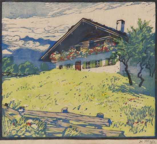 Appraisal: Helene Mass th century Mountain chalet colour woodcut signed in