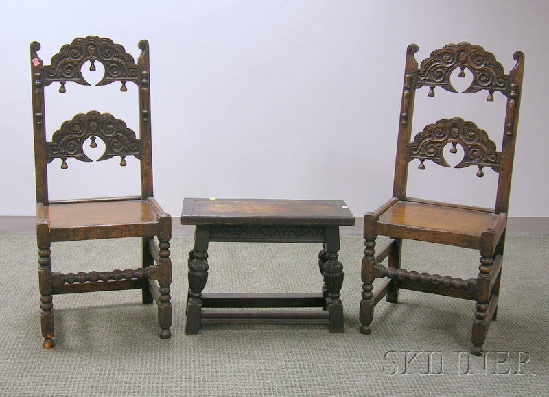 Appraisal: Jacobean-style Carved Oak Joint Stool and a Pair of Side