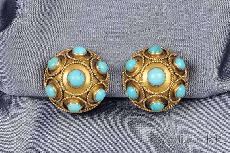 Appraisal: kt Gold and Turquoise Earclips each designed as a dome