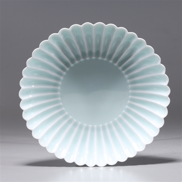 Appraisal: Chinese celadon glazed dish with scalloped rim and six-character Yongzheng