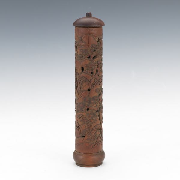 Appraisal: CHINESE ANTIQUE THREE-PART CARVED BAMBOO AND ROSEWOOD PERFUMERIER x Cylindrical