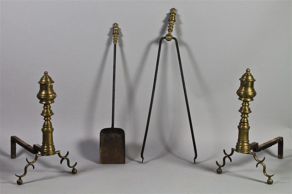 Appraisal: PAIR OF BRASS AND IRON ANDIRONS ALONG WITH TONGS AND