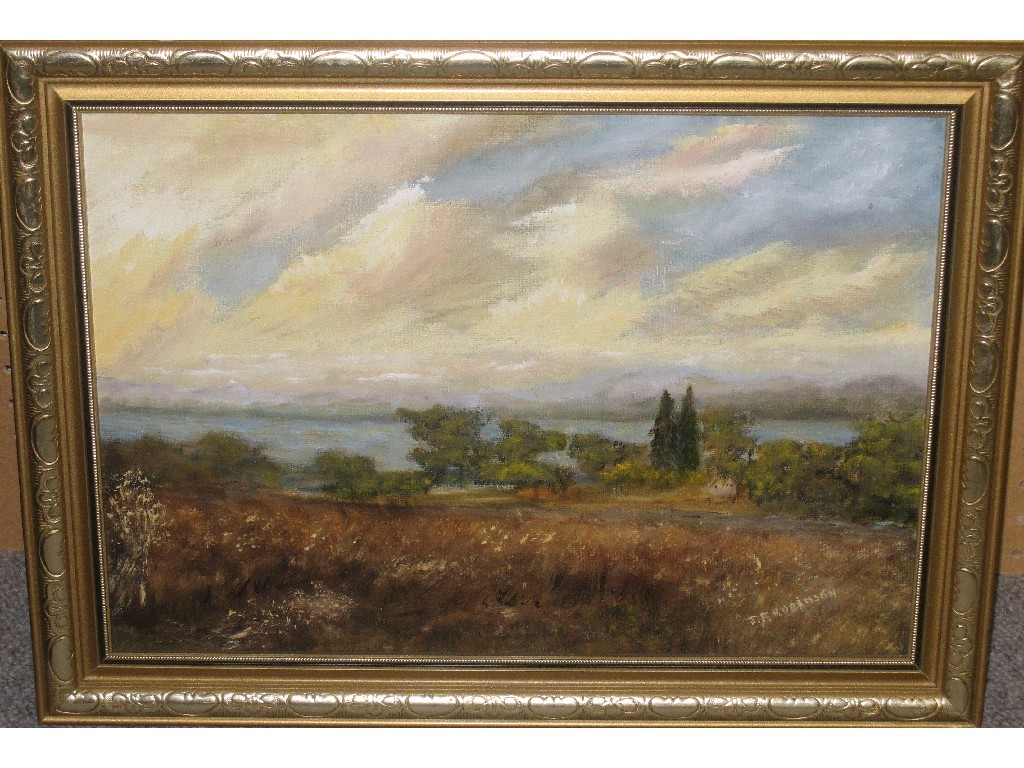 Appraisal: J F ROBINSON Oil on board landscape signed