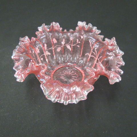 Appraisal: Enameled Cranberry Art Glass Brides Bowl flowering vine on ribbed