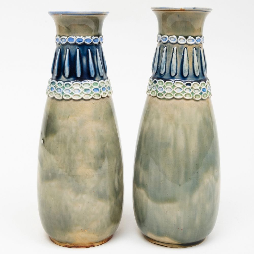 Appraisal: Pair of Royal Doulton Glazed Pottery Vases Impressed mark painters