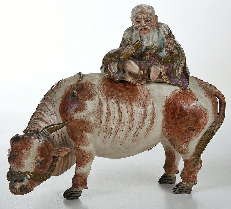 Appraisal: Chinese Ceramic Figure Laozi on Water Buffalo Qing dynasty paint