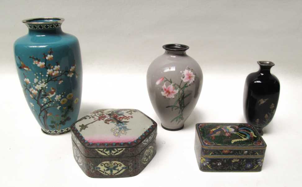 Appraisal: JAPANESE CLOISONNE VASES AND BOXES five pieces comprised of vases