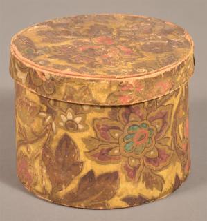 Appraisal: th Century Wallpaper Covered Trinket Box Cylindrical form with pine