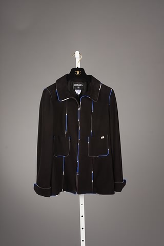 Appraisal: Chanel black suede leather jacket with blue white purple trim