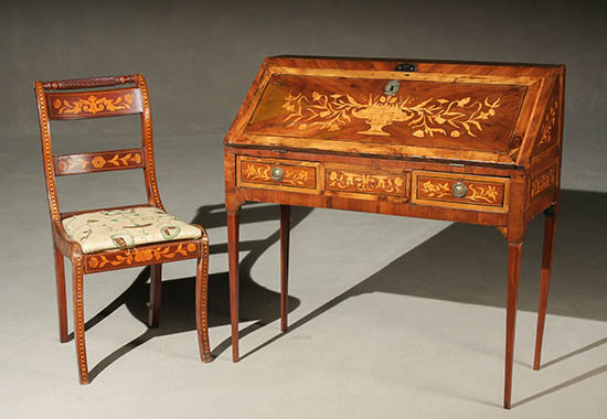 Appraisal: Anglo-Dutch Neoclassical Style Satinwood Marquetry and Crossbanded Mahogany Slant-Front Lady's