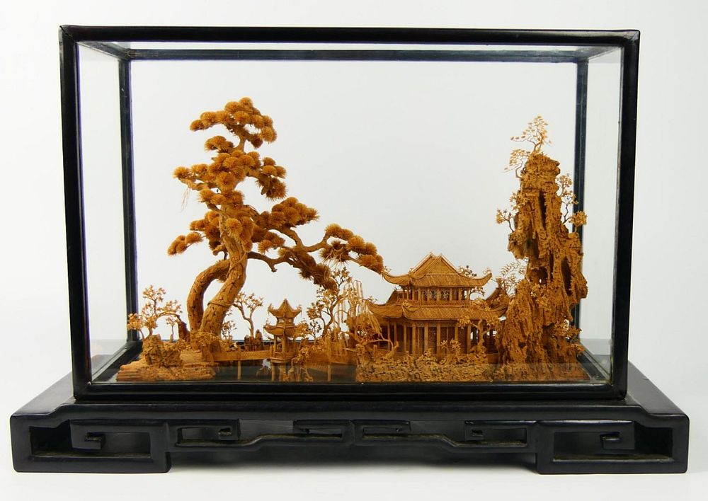 Appraisal: CHINESE BOXWOOD LANDSCAPE CARVING IN CASE Chinese intricately carved box