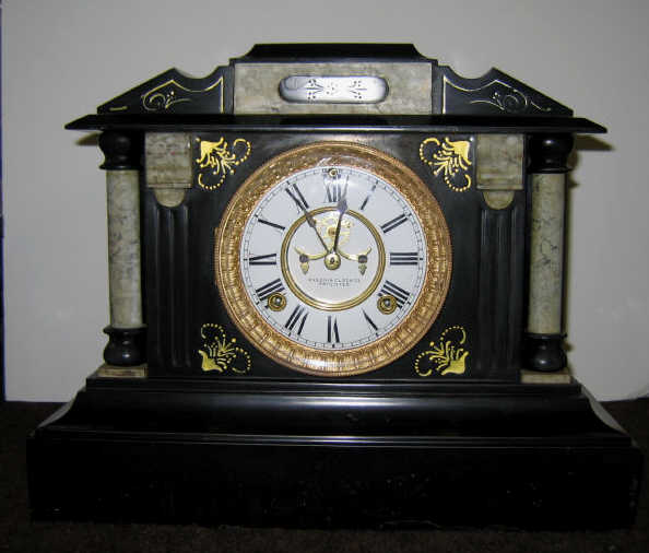 Appraisal: ANSONIA MANTEL CLOCK TH CENTURY Architectural cast-iron black enamel case