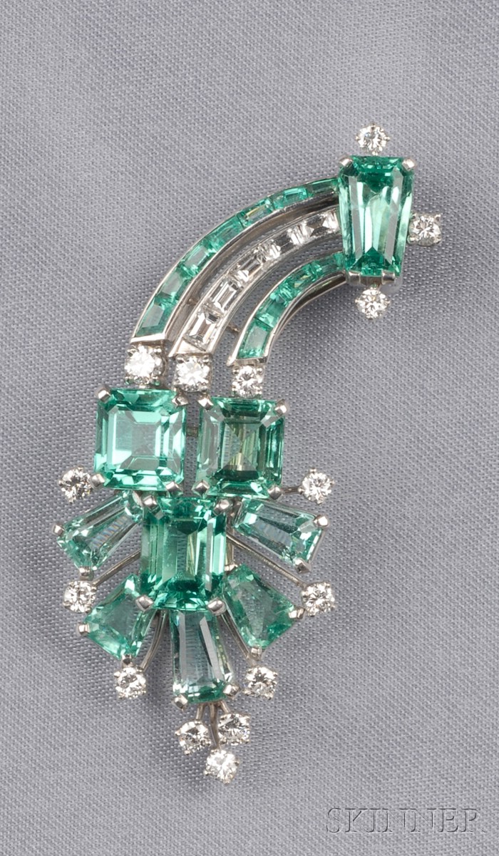 Appraisal: Platinum Emerald and Diamond Clip Brooch set with fancy and