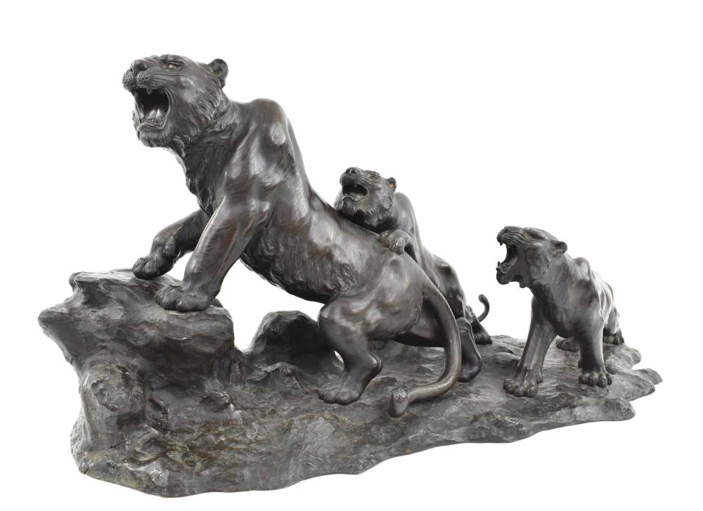 Appraisal: JAPANESE PATINATED BRONZE TIGER GROUPMeiji Period attributed to Akasofu Gyoko