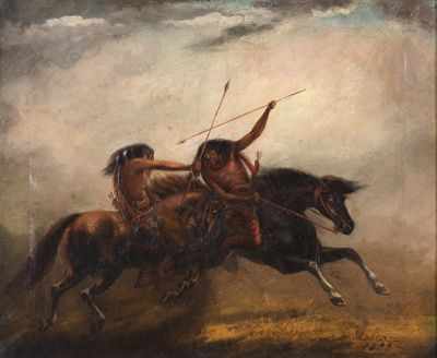 Appraisal: American School th Century Fight on horseback Oil on canvas