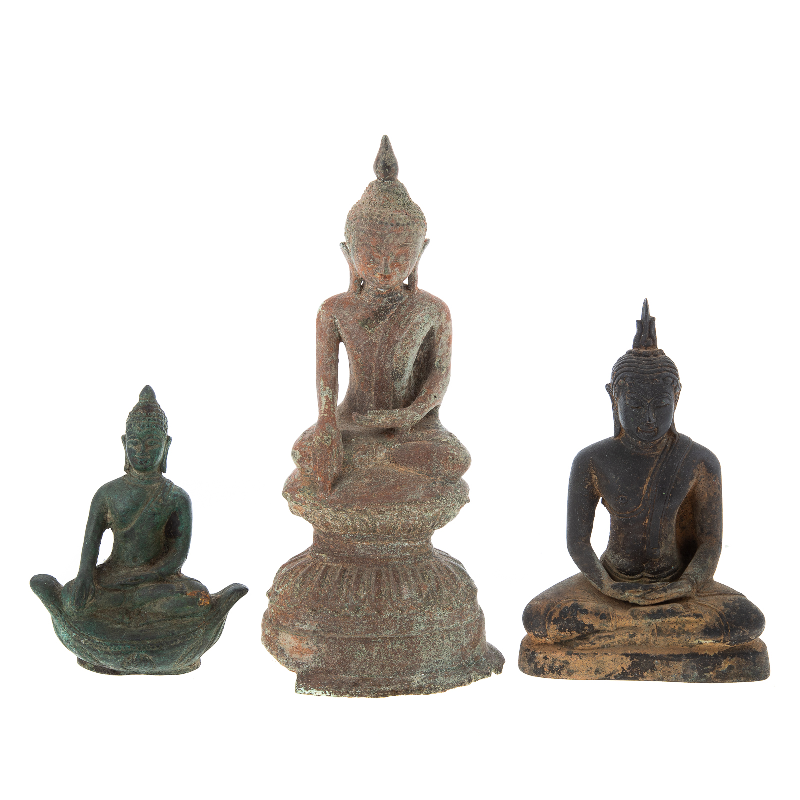 Appraisal: THREE METAL BUDDHA FIGURES th century includes iron Thai Buddha