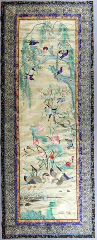 Appraisal: Chinese Qing Silk Embroidery PanelFinely made to depict various birds