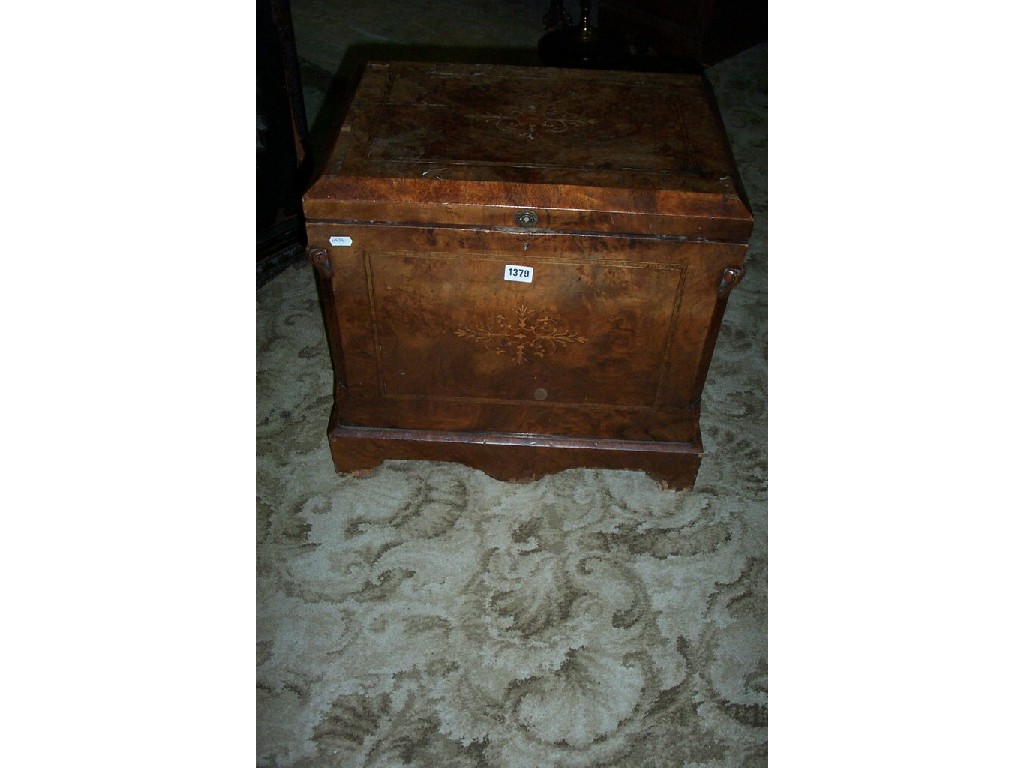 Appraisal: A Victorian walnut storage box with canted corners bracket supports