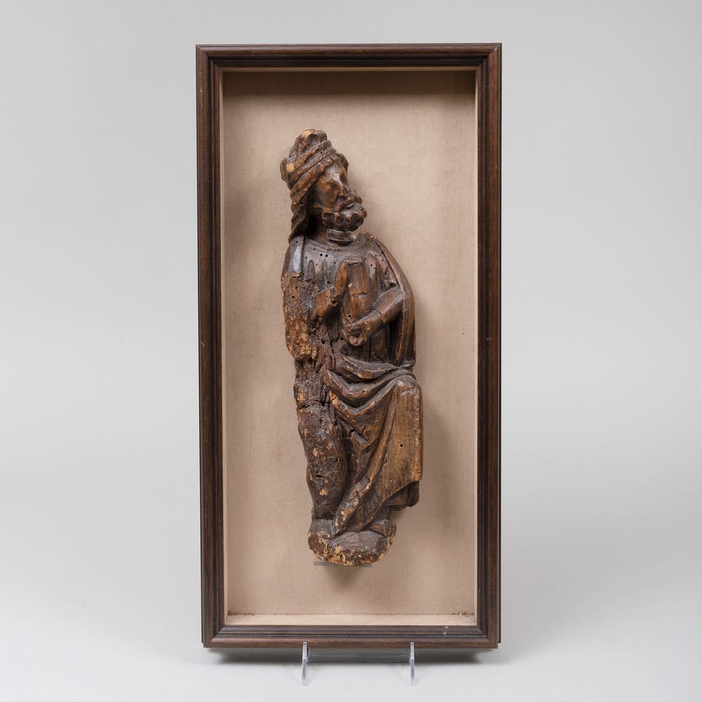 Appraisal: Continental Carved Wood Model of Saint Fitted in a shadow