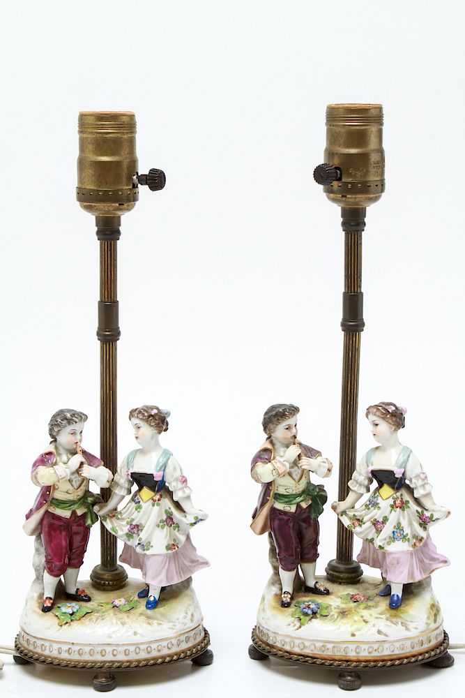 Appraisal: Meissen Manner Porcelain Figural Groups Lamps Pair Meissen manner porcelain