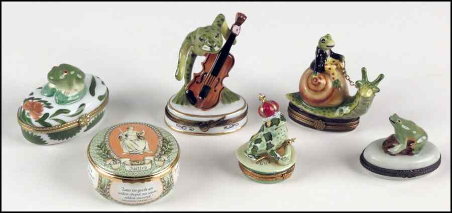 Appraisal: FIVE LIMOGES PORCELAIN FROG BOXES Together with a Halcyon enamel