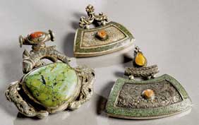 Appraisal: THREE TIBETAN PENDANTS Group of three Tibetan silver pendants of