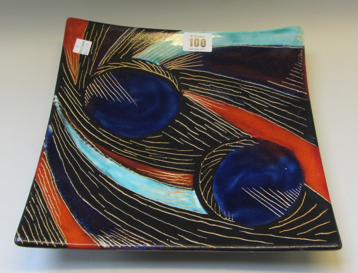 Appraisal: A one- off pottery square dish by Sarah Ewin painted