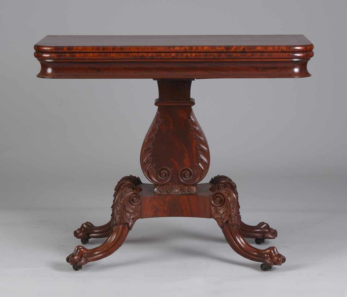 Appraisal: Federal Carved Mahogany Card Table C Carved lyre base acanthus