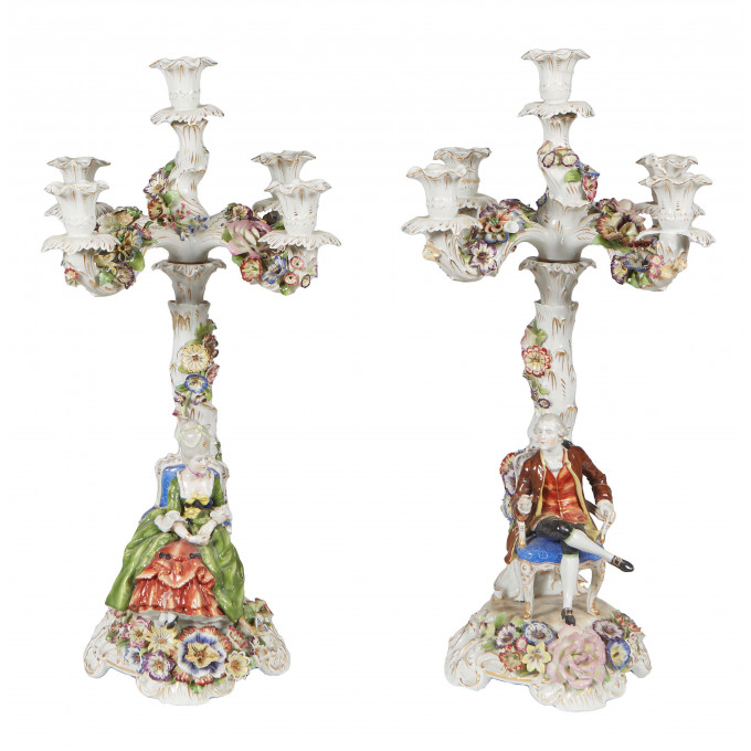 Appraisal: Pair of German Porcelain Dresden Style Figural Five Light Candelabra