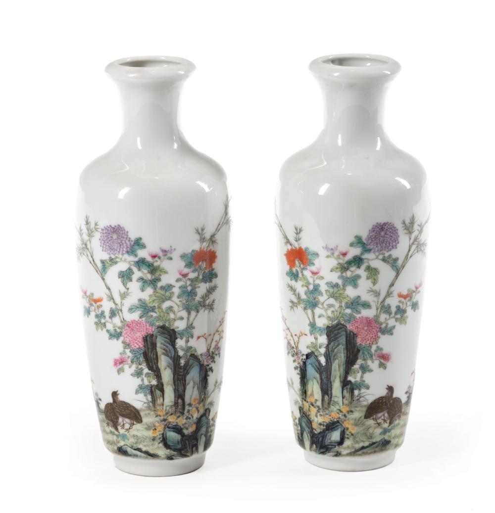 Appraisal: Pair of Chinese Famille Rose Porcelain Flower and Quail Vases